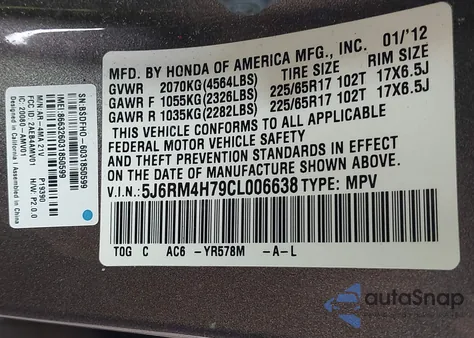 2012 Honda Cr-V Exl from USA, damaged, VIN 5J6RM4H79CL006638